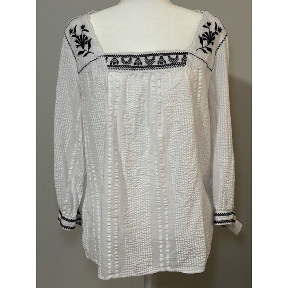 IZOD Boho White Blouse Textured Blue Floral Trim Embroidered 3/4 Sleeve Size XXL - Picture 1 of 8